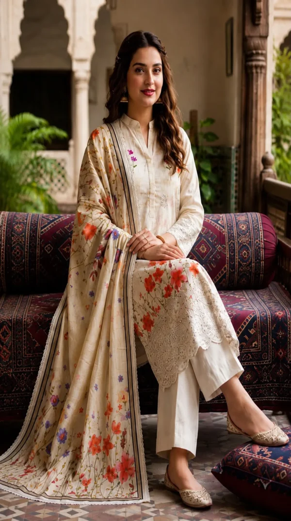LIMELIGHT by ChicZiba Unstitched Lawn 3-Piece Suit – Vol 19, Design 01 (Ivory Floral)
