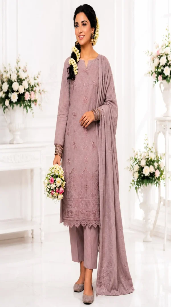 14 ChicZiba Bin Suhaib Maria Collection – Article 02 Embroidered Slub Lawn 3-Piece Suit (Taupe Beige)