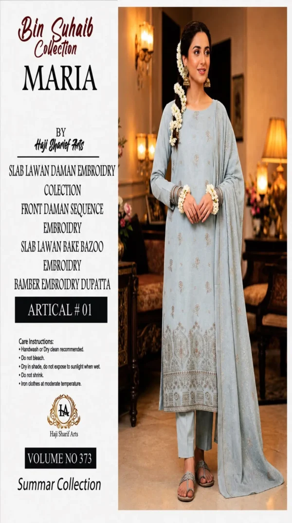 16 ChicZiba Bin Suhaib Maria Collection – Article 01 Embroidered Slub Lawn 3-Piece Suit (Ice Blue)