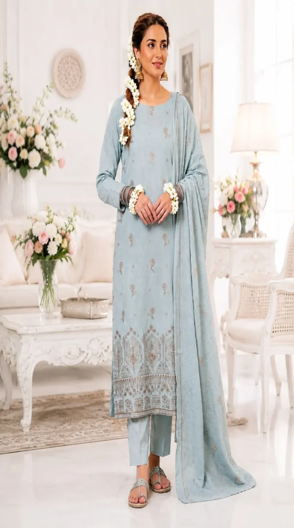 18 ChicZiba Bin Suhaib Maria Collection – Article 01 Embroidered Slub Lawn 3-Piece Suit (Ice Blue)