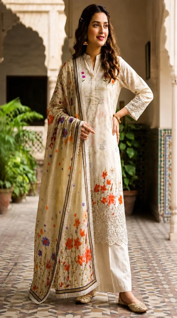 LIMELIGHT by ChicZiba Unstitched Lawn 3-Piece Suit – Vol 19, Design 01 (Ivory Floral)