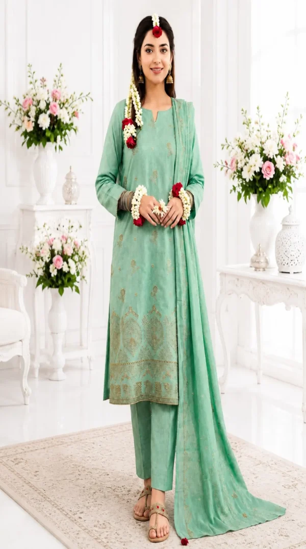 21 ChicZiba Bin Suhaib Maria Collection – Article 05 Embroidered Slub Lawn 3-Piece Suit (Mint Green)
