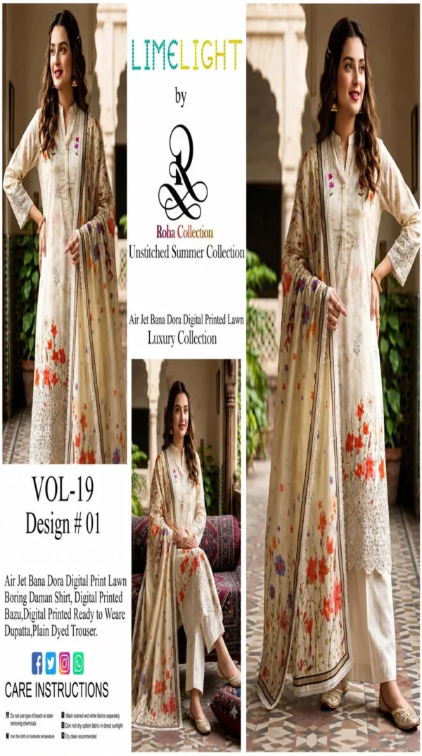 LIMELIGHT by ChicZiba Unstitched Lawn 3-Piece Suit – Vol 19, Design 01 (Ivory Floral)