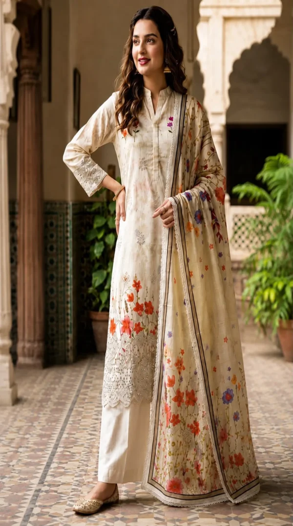 LIMELIGHT by ChicZiba Unstitched Lawn 3-Piece Suit – Vol 19, Design 01 (Ivory Floral)