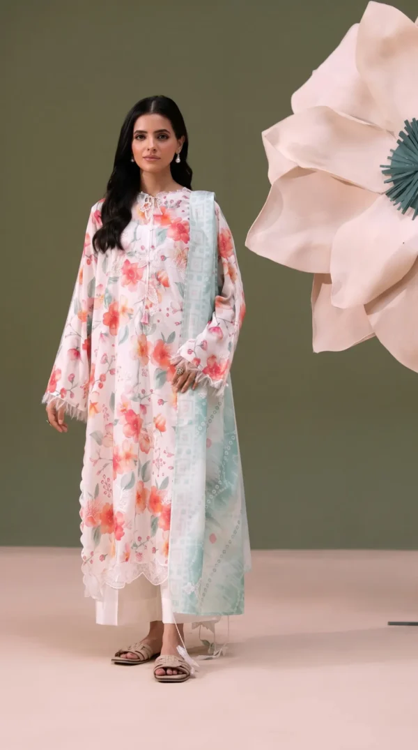 ChicZiba BLOOM Unstitched Lawn 3-Piece Suit – Vol 6627 (Off-White & Coral Floral)