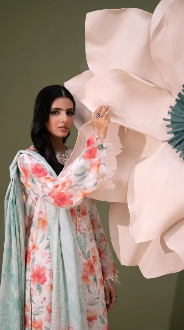 ChicZiba BLOOM Unstitched Lawn 3-Piece Suit – Vol 6627 (Off-White & Coral Floral)