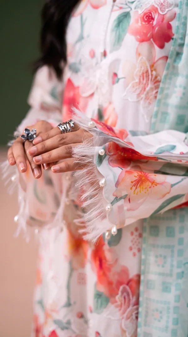 ChicZiba BLOOM Unstitched Lawn 3-Piece Suit – Vol 6627 (Off-White & Coral Floral)