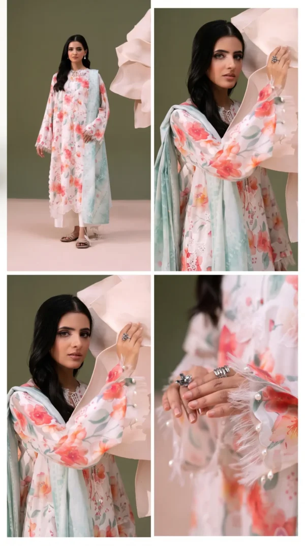 ChicZiba BLOOM Unstitched Lawn 3-Piece Suit – Vol 6627 (Off-White & Coral Floral)