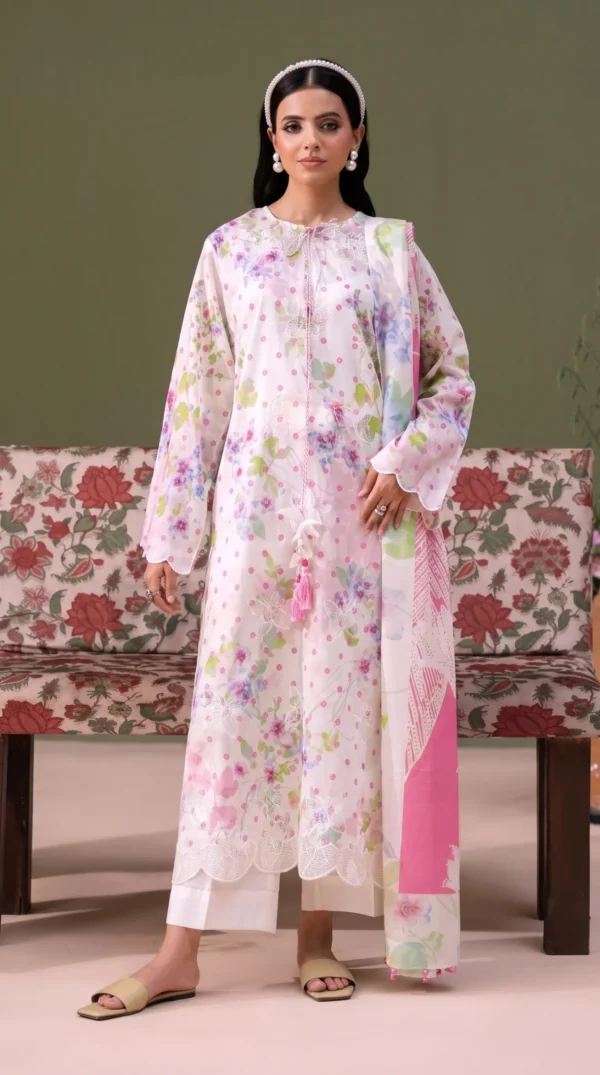 ChicZiba BLOOM Unstitched Lawn 3-Piece Suit – Vol 6629 (White & Pink Floral)