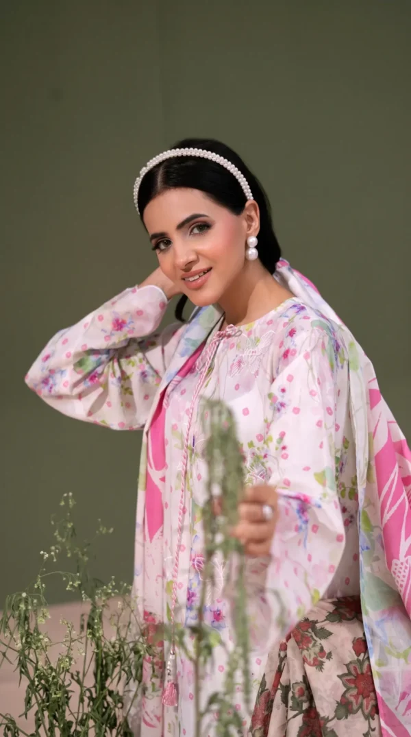 ChicZiba BLOOM Unstitched Lawn 3-Piece Suit – Vol 6629 (White & Pink Floral)