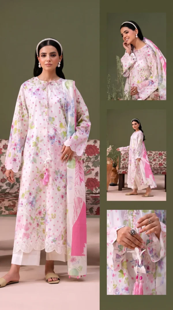 ChicZiba BLOOM Unstitched Lawn 3-Piece Suit – Vol 6629 (White & Pink Floral)
