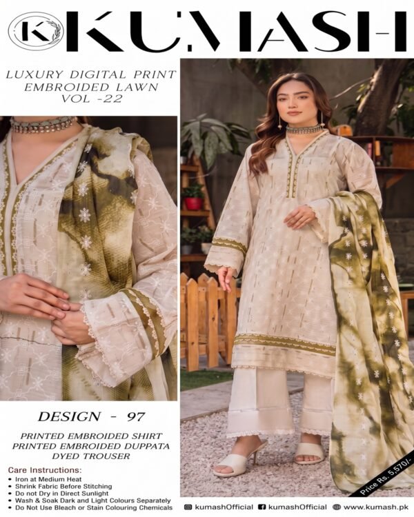 ChicZiba Kumash Luxury Embroidered Lawn 3-Piece Suit – Design 97, Vol 22