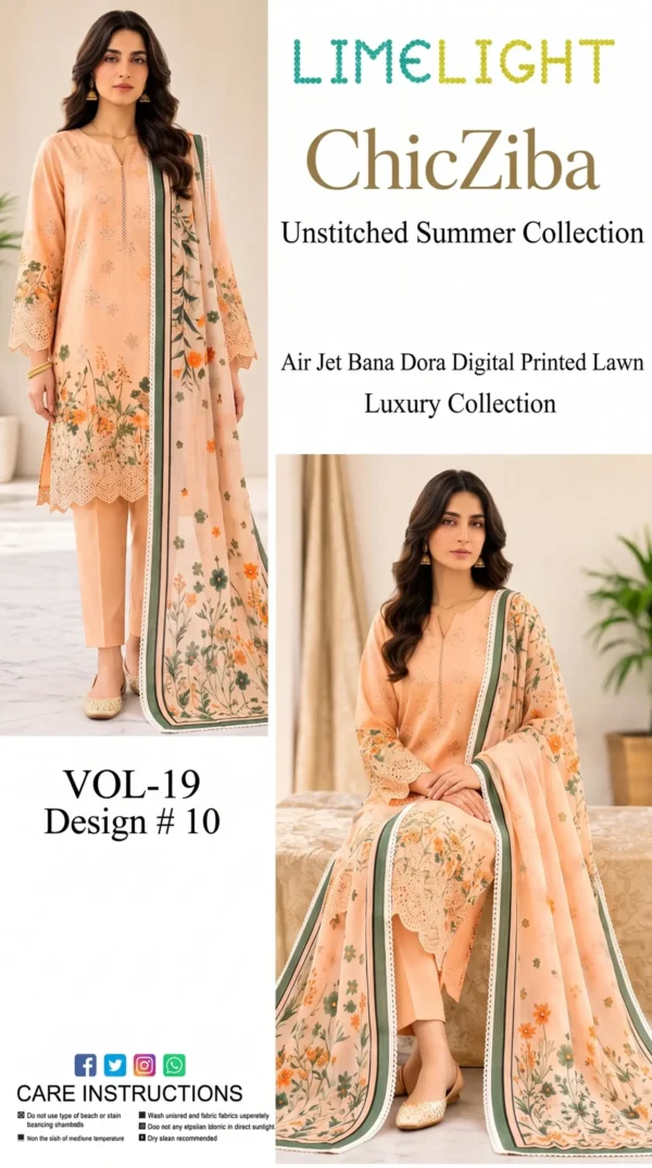 LIMELIGHT by ChicZiba Unstitched Lawn 3-Piece Suit – Peach Blossom