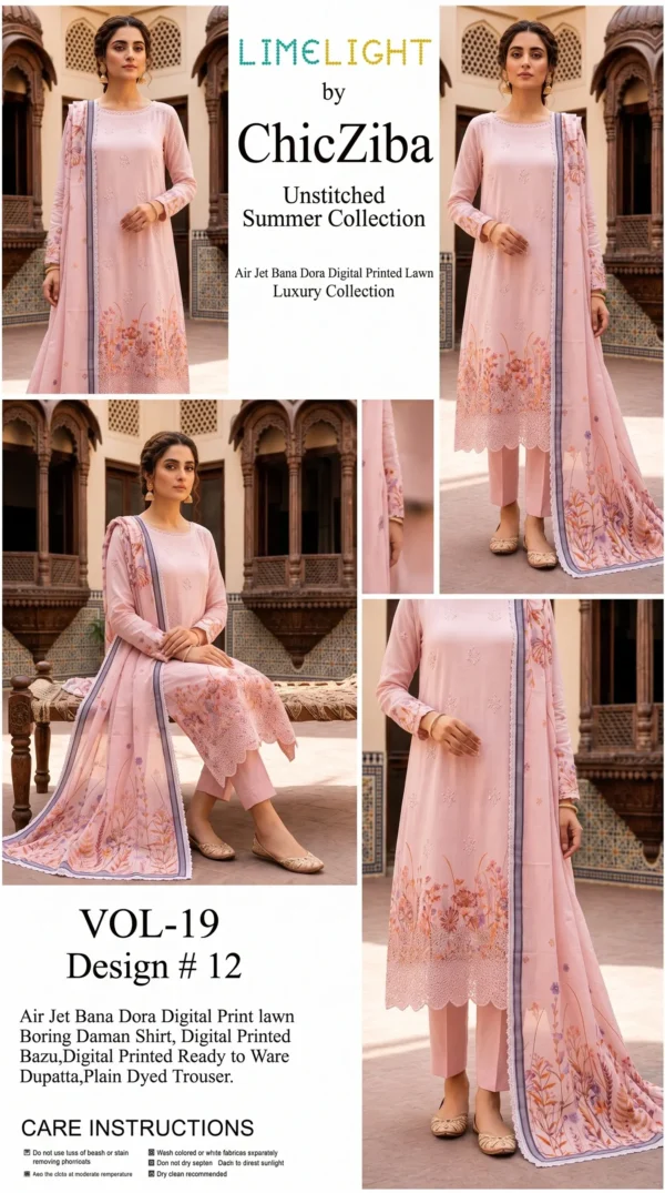 LIMELIGHT by ChicZiba Unstitched Lawn 3-Piece Suit – Blush Orchid