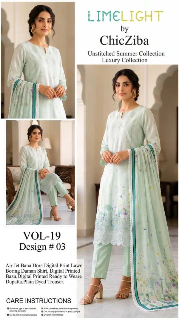 LIMELIGHT by ChicZiba Unstitched Lawn 3-Piece Suit – Vol 19, Design 03