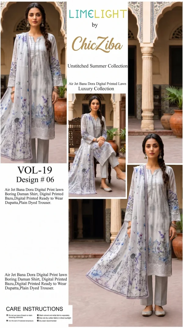 LIMELIGHT by ChicZiba Unstitched Lawn 3-Piece Suit – Vol 19, Design 06