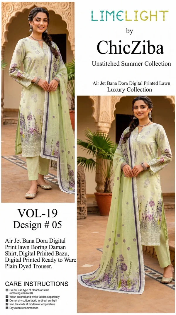 LIMELIGHT by ChicZiba Unstitched Lawn 3-Piece Suit – Vol 19, Design 05