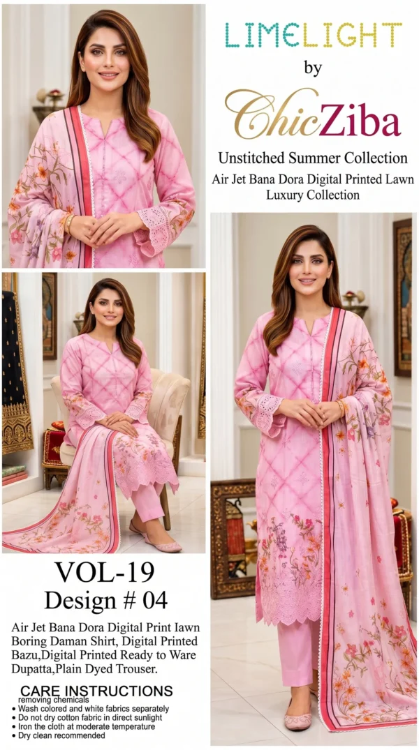 LIMELIGHT by ChicZiba Unstitched Lawn 3-Piece Suit – Vol 19, Design 04