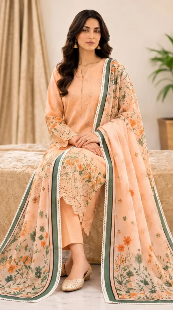 LIMELIGHT by ChicZiba Unstitched Lawn 3-Piece Suit – Peach Blossom