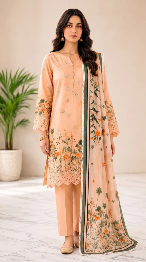 LIMELIGHT by ChicZiba Unstitched Lawn 3-Piece Suit – Peach Blossom