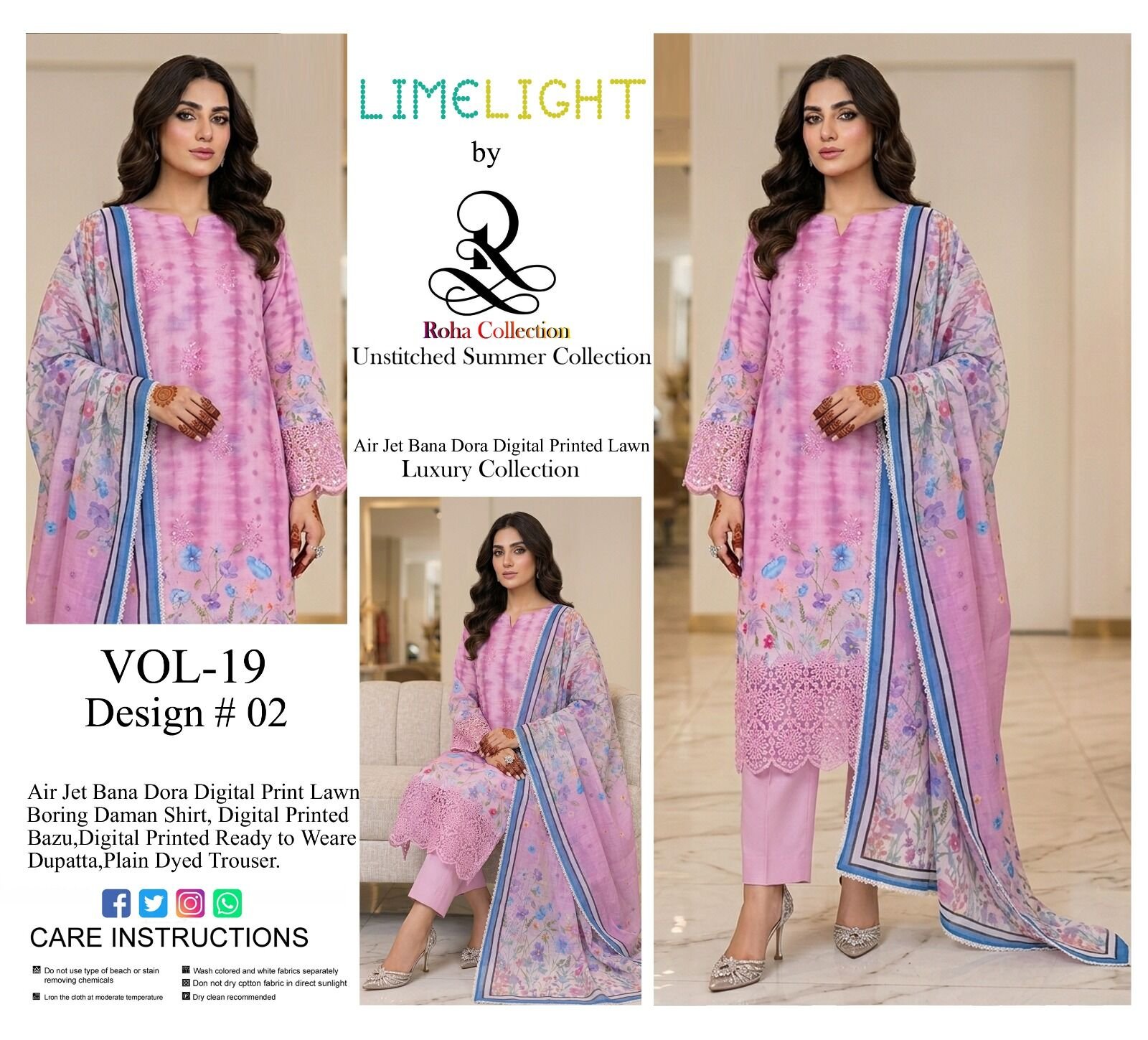 LIMELIGHT by ChicZiba Roha Collection Unstitched Lawn 3-Piece Suit – Vol 19, Design 02