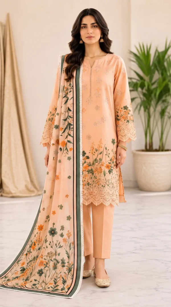 LIMELIGHT by ChicZiba Unstitched Lawn 3-Piece Suit – Peach Blossom