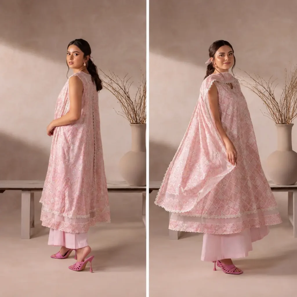 Flore blush mist printed lawn suit – lattice and floral spray print detail
