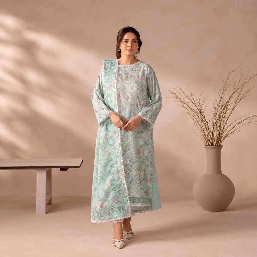 Flore mint green chikankari suit front view with pastel floral print and lace detailing