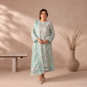 Flore mint green chikankari suit front view with pastel floral print and lace detailing
