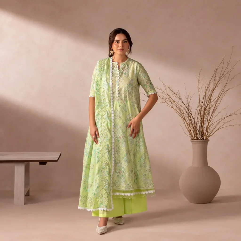 Flore lime green chikankari suit – diamond-pattern embroidery and scalloped lace detail