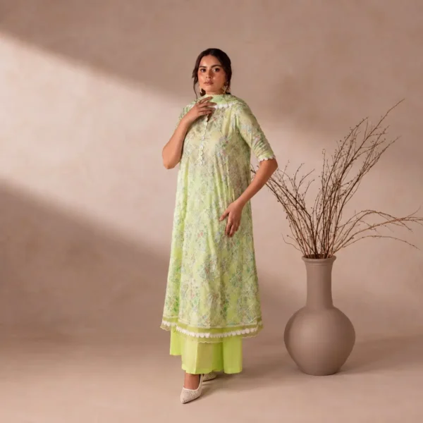 Flore lime green chikankari suit – shirt, dupatta and trouser flat lay