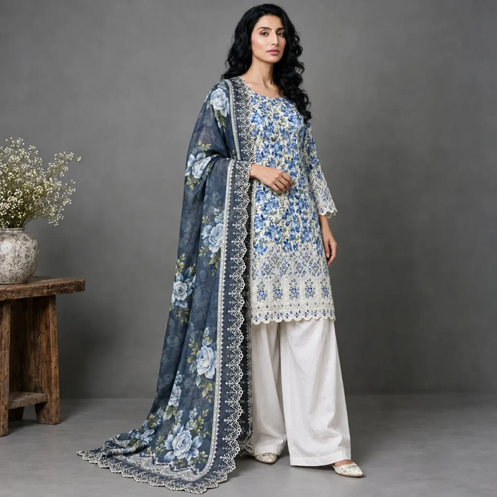 Blue rose floral embroidered 3-piece suit styled with the printed dupatta and matching trousers