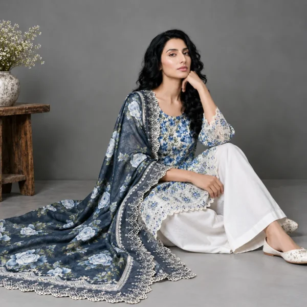 Blue rose floral embroidered 3-piece suit from the Bin Saeed Collection, front view of the embroidered shirt