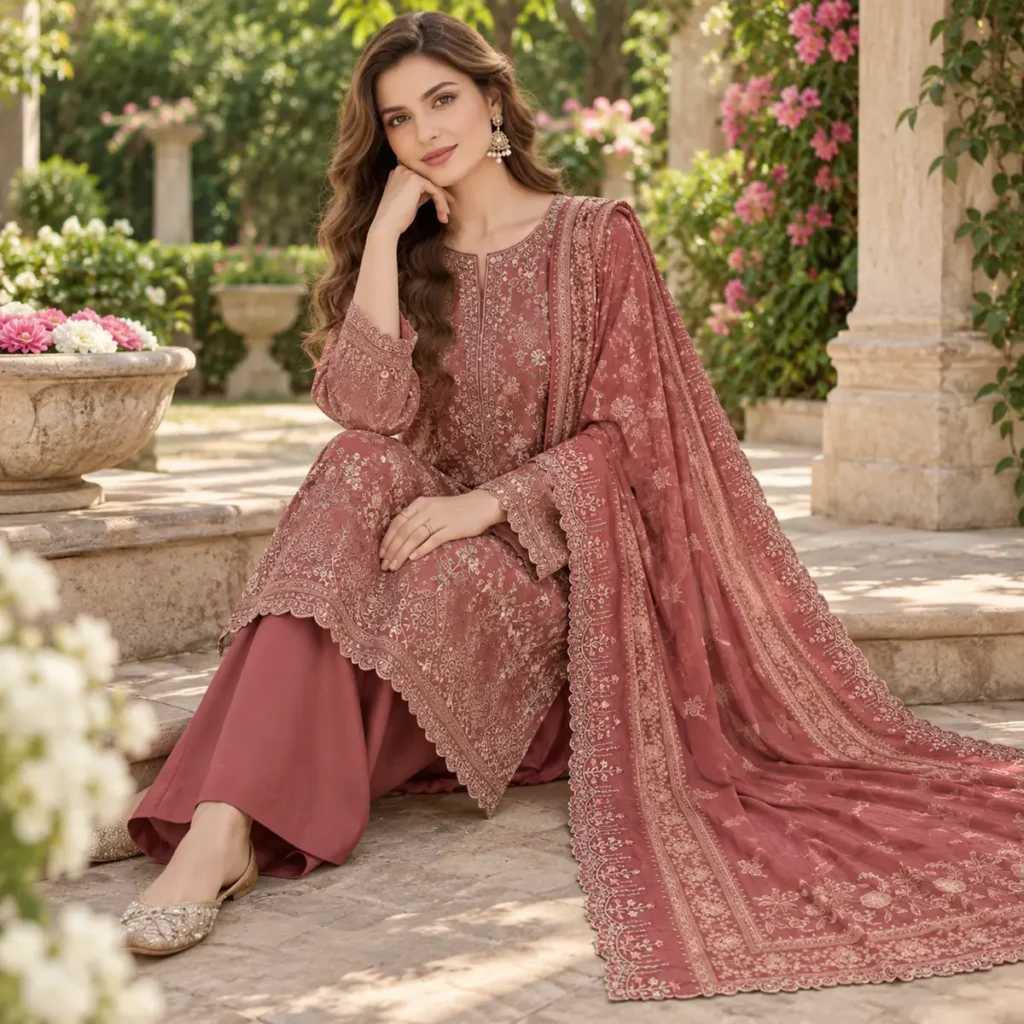 Rust heritage embroidered 3-piece suit – floral embroidery and scalloped hem close-up