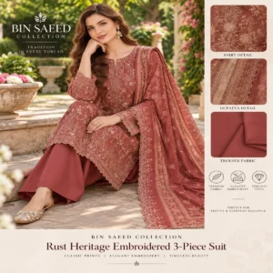Rust Heritage Embroidered 3-Piece Suit by Bin Saeed - front view
