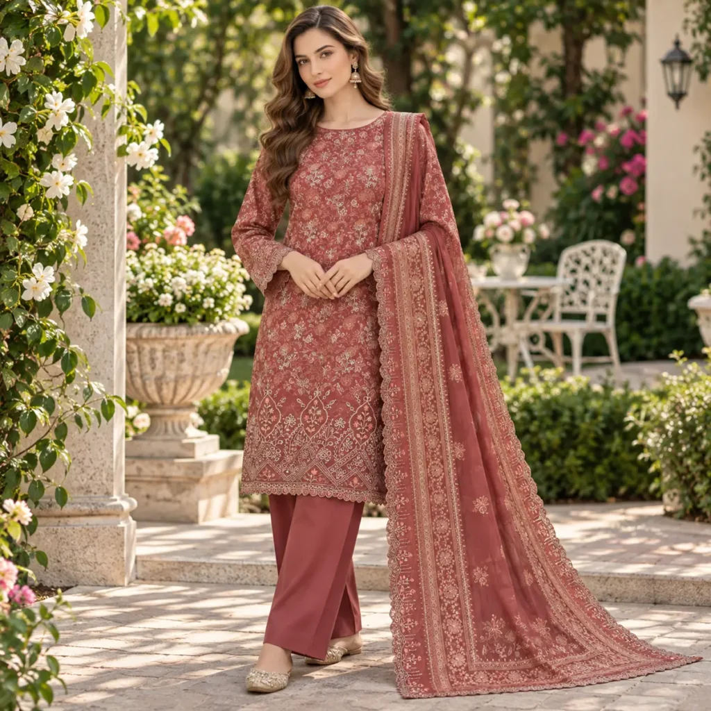 Bin Saeed rust heritage embroidered 3-piece suit styled with embroidered dupatta
