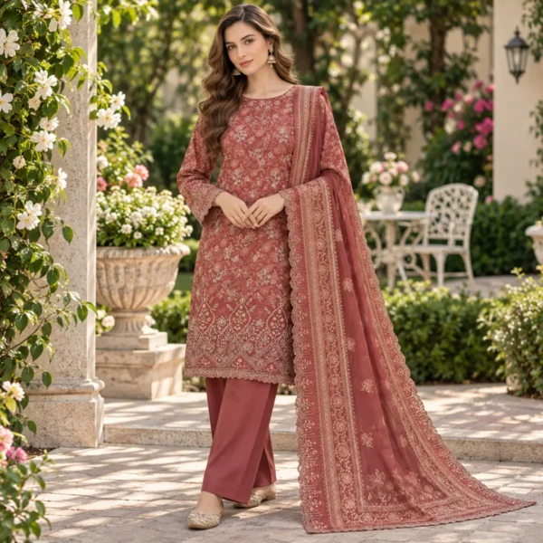 Bin Saeed rust embroidered 3 piece suit styled with embroidered dupatta