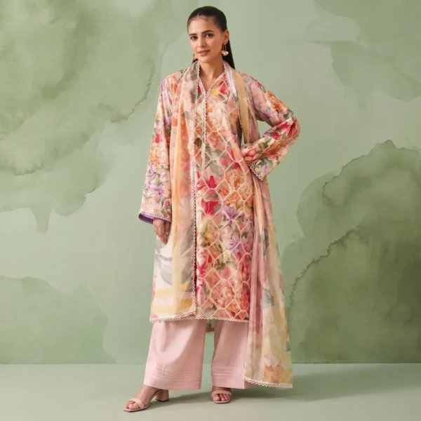 Sunset Rose Embroidered Lawn Ensemble – peach 3-piece lawn suit by ChicZiba