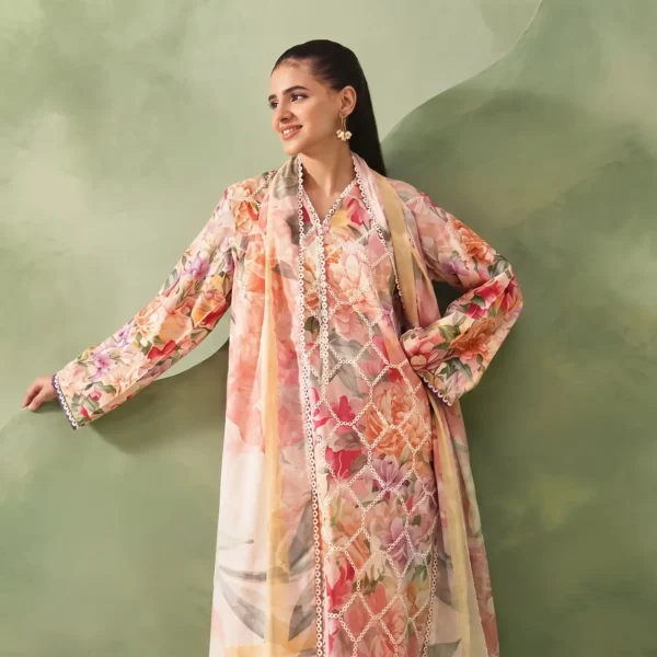 Sunset Rose Embroidered Lawn Ensemble dupatta in peach and rose floral print