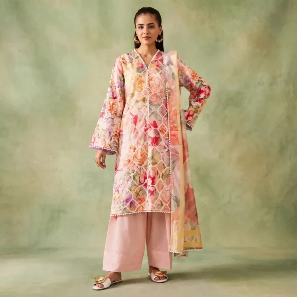 Sunset Rose Embroidered Lawn Ensemble shirt detail with schiffli lattice embroidery