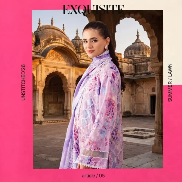 Royal Amethyst Printed Lawn Ensemble in lavender and deep violet tones