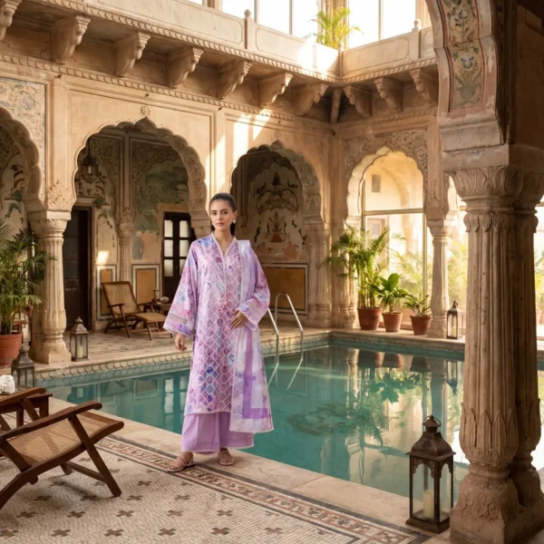 Royal Amethyst Printed Lawn Ensemble close-up of lace-trimmed neckline