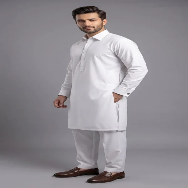 White shalwar kameez for men in Egyptian cotton - side view
