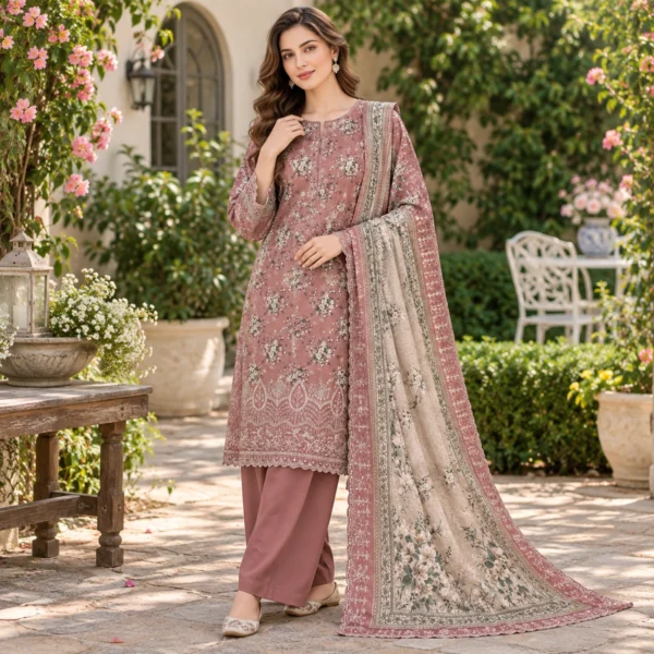 Dusty rose floral embroidered 3-piece suit styled with the printed dupatta and matching trousers
