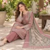 Dusty rose floral embroidered 3-piece suit from the Bin Saeed Collection, front view of the embroidered shirt