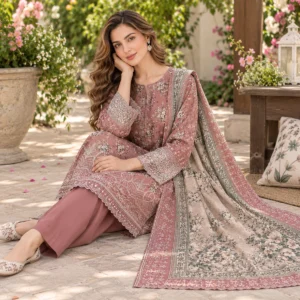 Dusty rose floral embroidered 3-piece suit from the Bin Saeed Collection, front view of the embroidered shirt