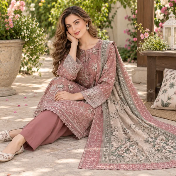 Dusty rose floral embroidered 3-piece suit from the Bin Saeed Collection, front view of the embroidered shirt
