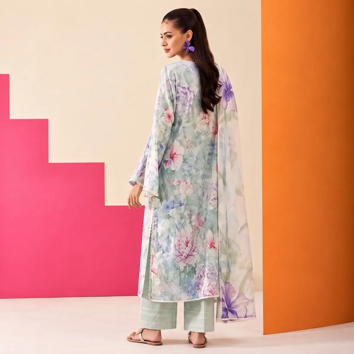 Mint Iris Embroidered Lawn Ensemble shirt detail with schiffli embroidery