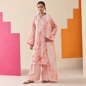 Coral Bloom Embroidered Lawn Ensemble – blush peach 3-piece lawn suit by ChicZiba