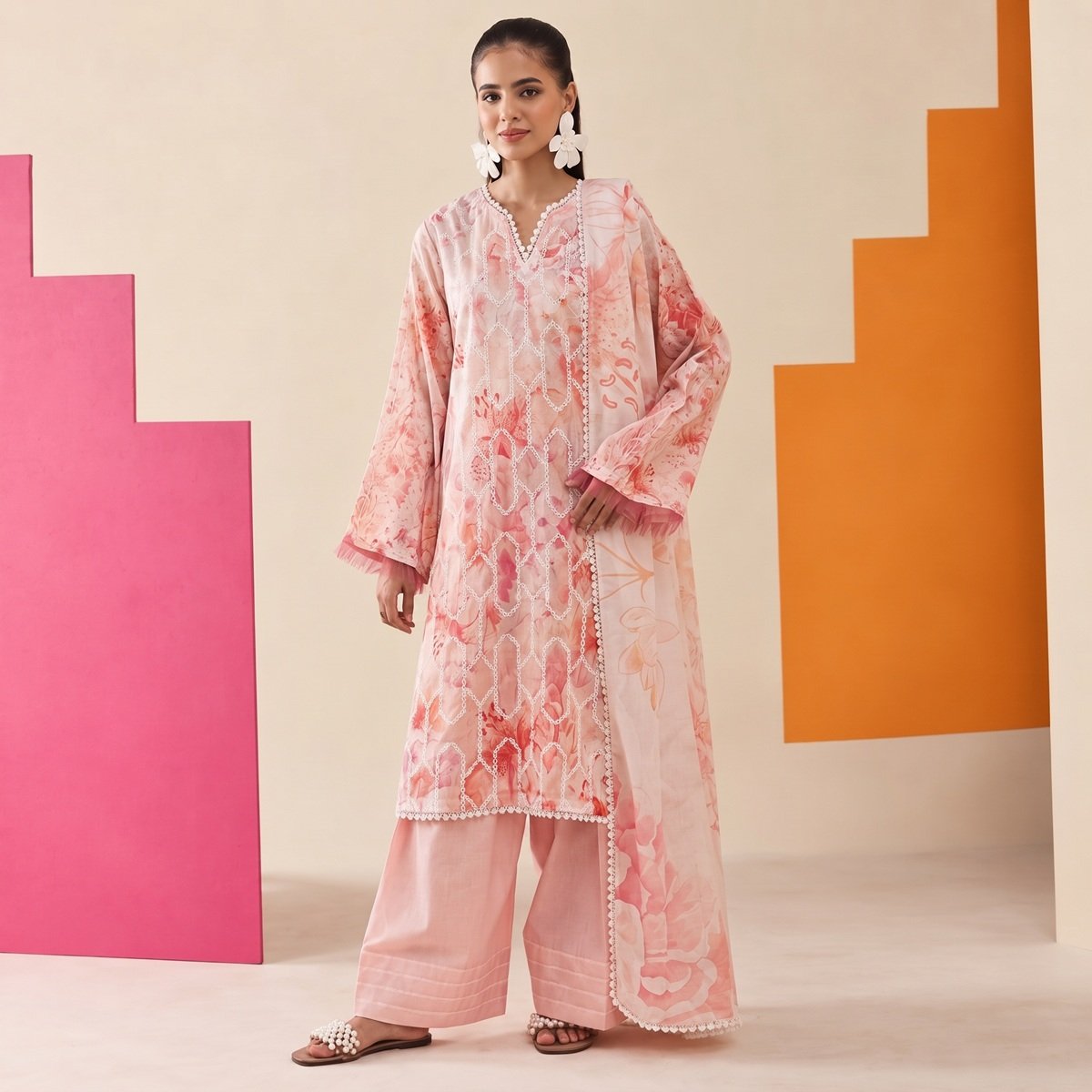 Coral Bloom Embroidered Lawn Ensemble – blush peach 3-piece lawn suit by ChicZiba